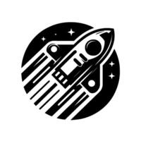 A monochrome illustration of a rocket ship blasting off, framed within a black circle with stars, conveying adventure and exploration in a minimalist style. vector