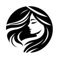 A stylized black and white silhouette of a womans face in profile, enclosed within a circular frame, with flowing hair cascading gracefully. vector