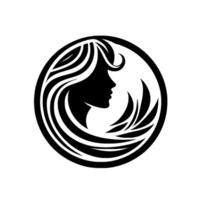 Silhouette of a womans profile with flowing hair encircled within a circular frame, illustrating grace and elegance. vector
