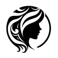 Elegant silhouette of a womans profile with flowing hair in a circular frame, depicting grace and beauty in a modern, minimalist style. vector