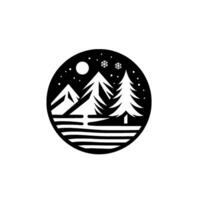 A serene, minimalist winter landscape within a circular frame, featuring silhouettes of snowy mountains, evergreen trees, a full moon, snowflakes, and horizontal lines suggesting a frozen lake or grou vector