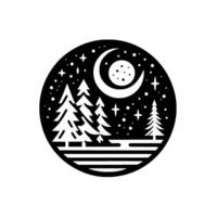 Black and white circular illustration of a moonlit forest scene, featuring silhouetted pine trees, a crescent moon, stars, and a serene landscape. vector
