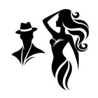 Silhouetted figures of a man in a fedora and a glamorous woman with flowing hair in a dynamic pose, both in stark black against a white backdrop. vector