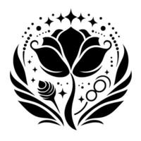 Elegant black and white floral mandala a symmetrical featuring a stylized flower with intricate petals, leaves, and celestial accents, creating a harmonious and artistic composition. vector