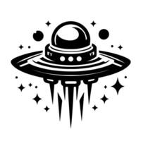 A minimalist black and white illustration of a ufo flying amongst stars and circles, emanating futuristic energy. vector