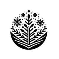 Minimalist winter emblem featuring a stylized tree with leaves, snowflakes, and dots, set inside a circle. black and white design, evoking simplicity. vector
