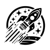 A stylized, monochromatic illustration depicting a rocket ship blasting off within a circular frame, surrounded by stars and vapor trails, suggesting space exploration. vector