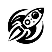 Dynamic monochrome rocketship with circular trail, featuring a sleek, retroinspired design, embodying flight, ambition and progress, on white background. vector