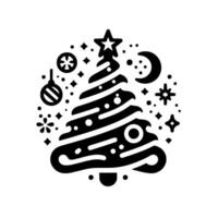 A stylized christmas tree in black and white, surrounded by festive decorations, including stars, a crescent moon, and ornaments on a clean white background. vector