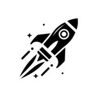 A stylized, black and white illustration of a rocket ship ascending against a clean white background, emitting trails and surrounded by stars. vector