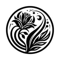 Black and white floral medallion featuring a stylized lily with flowing lines, elegant foliage, and subtle organic elements, enclosed within a circular frame on a plain white background. vector