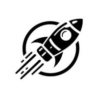 Bold black rocket ascending diagonally, emitting speed lines within a stylized circle, symbolizing launch and progress. vector