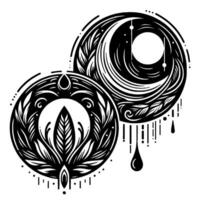 Intricate black and white celestial mandala art, featuring moon, leaf, and teardrop elements within circular compositions, evoking cosmic balance. vector