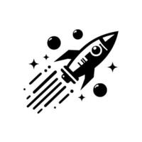 Black and white illustration of a stylized rocket ship blasting off with stylized exhaust trails, surrounded by stars and orbs, conveying a sense of flight. vector
