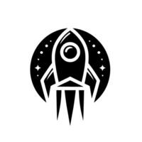 A bold black and white rocket ship emblem, set within a dark circle with stars and dots, ready for takeoff, embodying space exploration and adventure. vector