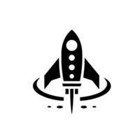 Black and white minimalist rocket ship with stylized exhaust plume taking off, set against a clean white background. vector