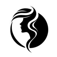 Elegant silhouette a black and white of a womans profile framed within a circle, with flowing hair. vector