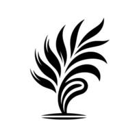 A stylized black and white minimalist illustration featuring a flowing, organic resembling a plant, with curved lines and leaflike forms, set against a clean white background. vector