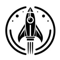 Illustration of a stylized black rocket ship with flames, surrounded by a black circle and scattered dots on a white background. vector