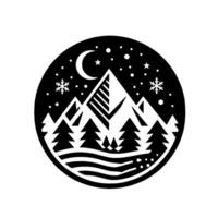 Winter night mountain scene in a circle trees, peaks, crescent moon, snowflakes, and stars silhouetted in a bold black and white design. vector