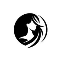Elegant silhouette of a womans profile enclosed within a circular frame, featuring flowing hair, in a bold black and white composition. vector