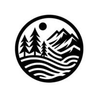A minimalist, black and white outdoor emblem featuring a stylized mountain range, pine trees, rippling water, and a sun within a circular border. vector
