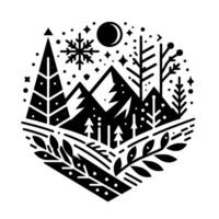 A minimalist, black and white winter landscape depicting mountains, evergreen trees, a snowflake, and moon within a geometric frame. vector