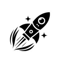 A stylized black rocket, emitting curved exhaust trails and twinkling star elements, positioned diagonally against a crisp white background, embodies themes of innovation and progress. vector