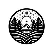 Intricate black and white circular of a forest scene, with tent, trees, mountains, stars, and a moon, in a serene, minimalist style. vector