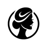 Elegant black and white silhouette of a womans profile, within a circular frame, showcasing hairstyling and grace. vector