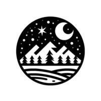 A serene, monochrome circular of a mountain range, pine trees, a crescent moon, a star, and a starry night sky, evoking a peaceful, minimalist nature scene. vector