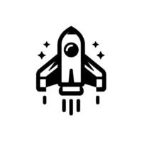A stylized monochrome rocket ship with a prominent porthole window and stylized exhaust, framed by starshaped elements, conveying upward momentum and space exploration. vector