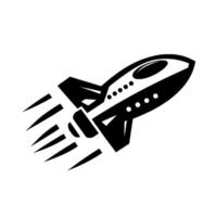 Bold, minimalist monochrome illustration of a retrofuturistic rocket ship blasting off against a stark white background, conveying speed. vector