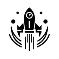 Black and white minimalist illustration a rocket blasting off amidst stylized orbits and celestial bodies, on a white background. vector
