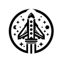 A minimalist, black and white, circular emblem featuring a stylized rocket launching into space, surrounded by celestial bodies stars, moons, and planets. vector