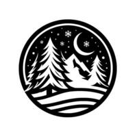 Minimalist circular black and white winter scene featuring snowcovered fir trees, a crescent moon, and mountains under a starry sky, conveying tranquility. vector