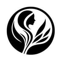 Elegant silhouette a black and white emblem depicting a womans profile merging with natural, flowing leaf elements within a circular frame. vector