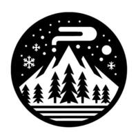 A circular, minimalist winter landscape featuring snowcapped mountains, evergreen trees, and falling snowflakes, capturing a serene, cold atmosphere. vector
