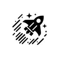 A bold, minimalist black and white rocket illustration soaring amidst stylized speed lines and stars, depicting upward motion and space travel. vector