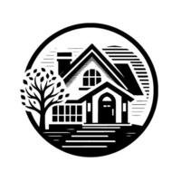A minimalist black and white featuring a detailed house with an arched doorway, chimney, and window, encircled by a ring with a tree on the left. vector