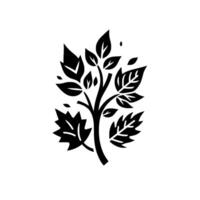 A stylized, minimalist black and white illustration depicting a tree with various leaf shapes, presented against a stark white background. vector