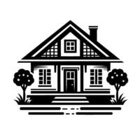 A minimalist black and white illustration of a charming house, showcasing a symmetrical with windows, a door, a chimney, and two stylized trees. vector
