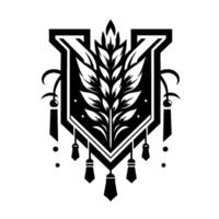 Intricate black and white heraldic featuring a stylized leafy branch, shieldlike frame with elegant tassels. vector