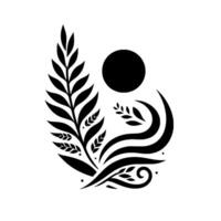 Abstract black and white illustration botanical featuring stylized leaves, a sunlike circle, and flowing lines, set against a clean white backdrop. vector