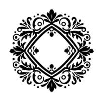 Elegant black white ornamental a symmetrical floral pattern centered around a diamond frame, suggesting vintage craftsmanship and decorative artistry. vector