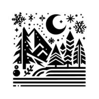 Black and white winter scene a minimalist depiction of a snowy nightscape with trees, crescent moon, snowflakes, and stars, conveying a serene and aesthetic. vector