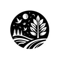 A monochrome, circular emblem featuring a stylized landscape, with a large tree, rolling hills, coniferous trees, birds in flight, a moon, stars, and crescent moons. vector
