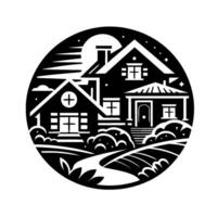 A monochrome, stylized illustration of a rural scene within a circular frame. two houses nestled in a landscape with a winding path, moon, stars. vector