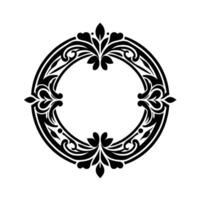 Elegant, symmetrical circular black floral with ornate detailing, a classic border element, perfect for framing or decorative use on a stark white background. vector