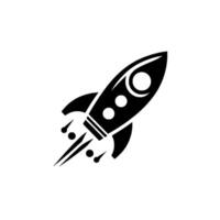 A stylized, black silhouette of a rocket ship launching upwards against a clean white background, exuding a sense of speed and futuristic exploration. vector